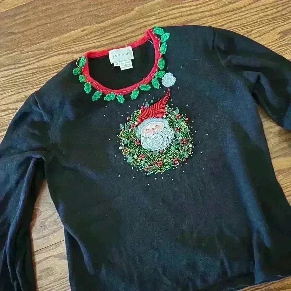 Christmas Sweater Beaded Santa Holly and Jingle Bells Shoulder Pads Size Medium